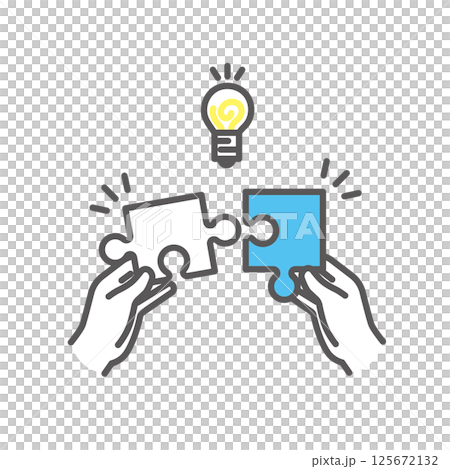 シンプル　イラスト　電球とパズルを持つ手のベクターイラスト 125672132