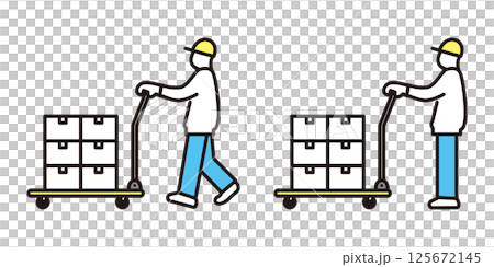 Simple illustration Vector illustration of a profile of a delivery man carrying a package on a cart Simple illustration Vector illustration of a profile of a delivery man carrying a package on a cart 125672145