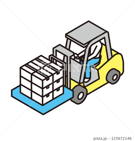 シンプル　イラスト　フォークリフトで段ボールを運ぶ作業員のベクターイラスト 125672146