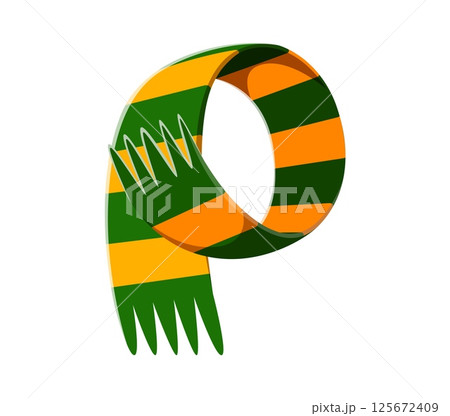 Autumn clothing font type scarf letter P. Fall season kids ABC typeset letter, thanksgiving vector font symbol. Autumnal element or autumn harvest English alphabet type sign 125672409