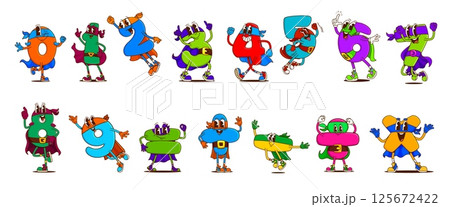 Math number cartoon groovy characters as superheroes with funny faces, vector numerals. Groovy numbers in super hero mantles and masks with happy smile for kids mathematics font cartoon characters Math number cartoon groovy characters as superheroes with funny faces, vector numerals. Groovy numbers in super hero mantles and masks with happy smile for kids mathematics font cartoon characters 125672422