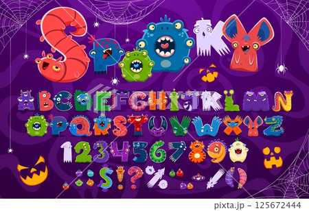 Cartoon monster characters font, cute and crazy type, fantasy alien typeface, Halloween english alphabet vector typography set. Funny ghost, slime, dragon and alien animal monsters font abc letters Cartoon monster characters font, cute and crazy type, fantasy alien typeface, Halloween english alphabet vector typography set. Funny ghost, slime, dragon and alien animal monsters font abc letters 125672444