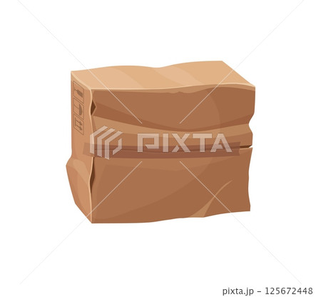 Damaged and dirty package cardboard box. Destroyed dirty shipping container, ripped crushed isolated cartoon vector delivery box. Damaged crumpled cardboard paper parcel or broken wet cargo package 125672448