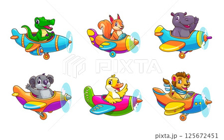 Cartoon animal pilots on planes, baby characters of vector cute lion, hippo, squirrel and crocodile, duck and koala bear flying on retro airplanes. Funny little animal pilots and aviators on planes 125672451