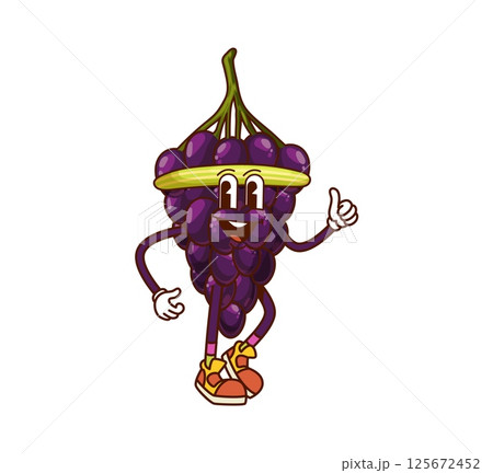 Cartoon groovy grape character with happy face on fitness sport, vector personage. Retro groovy berry or red grape character in fitness headband on jogging or marathon run with funky smile for emoji Cartoon groovy grape character with happy face on fitness sport, vector personage. Retro groovy berry or red grape character in fitness headband on jogging or marathon run with funky smile for emoji 125672452
