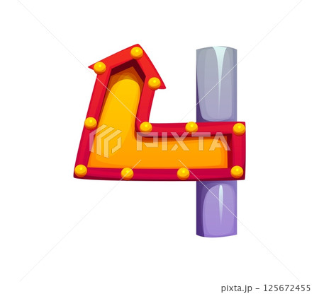 Cartoon circus font number four featuring a bright yellow arrow with red border, lightbulbs and metallic silver pole. Vector abc numeral 4 character, retro carnival typeface, entertainment kids type Cartoon circus font number four featuring a bright yellow arrow with red border, lightbulbs and metallic silver pole. Vector abc numeral 4 character, retro carnival typeface, entertainment kids type 125672455