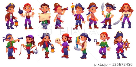 Kid corsair pirate characters, party costumes, swords, guns and hook. Cute boys and girls pirate captain and sailor vector personages with black hats, bandanas and eye patches, treasure map and parrot 125672456