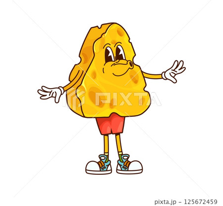 Cartoon groovy cheese character in red pants. Isolated vector lovable triangular piece of cheese food personage, representing joyful expression. Delicious dairy product slice with holes and funny face 125672459