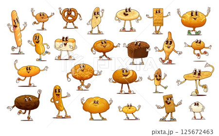 Bread and bakery groovy characters, vector food personages. Cartoon retro psychedelic loaves of baguette, burger bun, wheat pretzel and whole cereal flatbread. Groovy tiger bread, tortilla and shoti 125672463