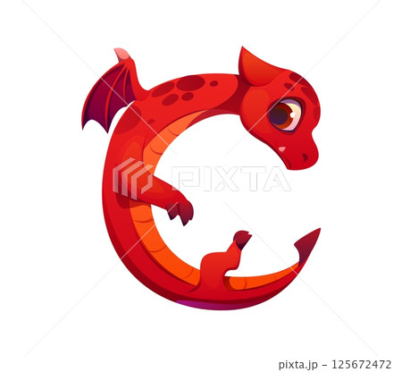 Fantasy red dragon character font letter C. Asian animal English alphabet type element, red reptile character cartoon vector kids ABC font sign. Fantasy dragon personage typeset letter symbol 125672472