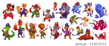 Cartoon funny animal pirate corsair characters. Bear, dog and raccoon, elephant or shark. Squirrel, whale, turtle or crocodile, fox, parrot and pelican. Octopus, sloth and lion, hippo or monkey, crab 125672473