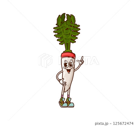Groovy horseradish vegetable cartoon character on fitness or sport, vector daikon. Groovy horseradish with funny face in fitness headband and sport shoes on workout training or fitness exercise 125672474