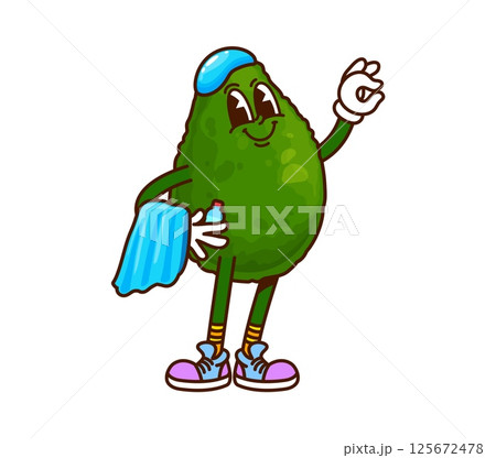 Avocado groovy cheerful character in swimming cap. Vegan food plant groovy cute character, ripe avocado retro cartoon vector funny character. Tropical fruit 60s 70s funky happy personage on vacation 125672478