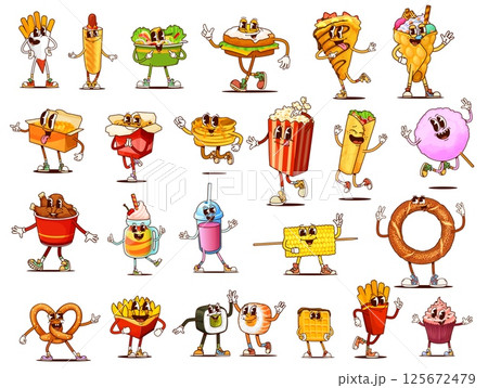 Fast food groovy takeaway food characters. Cartoon retro cute egg sandwich, hot dog, french fries and burrito vector personages. Groovy psychedelic chicken legs, sushi, waffles, popcorn and noodles 125672479
