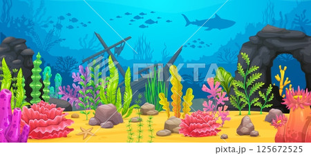 Underwater sea landscape with sunken ship and rock reef arch, vector cartoon game background. Sea or ocean underwater landscape with sunken pirate boat sheep in undersea cave rocks for game background Underwater sea landscape with sunken ship and rock reef arch, vector cartoon game background. Sea or ocean underwater landscape with sunken pirate boat sheep in undersea cave rocks for game background 125672525