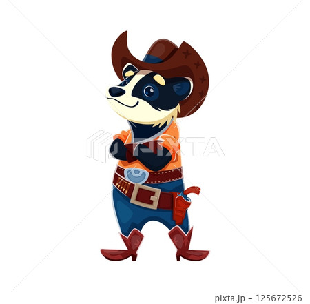 Cartoon Wild West animal cowboy or raccoon sheriff and ranger, vector character. Funny raccoon bandit or badger sheriff in cowboy hat with revolver guns in bandoleer for Wild West ranger character Cartoon Wild West animal cowboy or raccoon sheriff and ranger, vector character. Funny raccoon bandit or badger sheriff in cowboy hat with revolver guns in bandoleer for Wild West ranger character 125672526