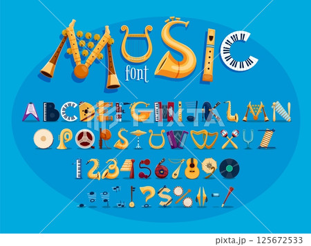 Musical instruments font, orchestra typeface, sound festival type. English alphabet vector typography set of music instrument letters and numbers. Cartoon piano, guitar, drum and saxophone abc font Musical instruments font, orchestra typeface, sound festival type. English alphabet vector typography set of music instrument letters and numbers. Cartoon piano, guitar, drum and saxophone abc font 125672533