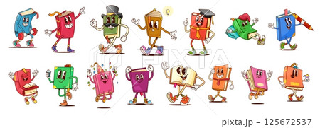 Groovy textbook and bestseller book characters, vector school library and kids education. Cartoon psychedelic books with happy smiling faces. Groovy textbooks with idea light bulb, graduation hats Groovy textbook and bestseller book characters, vector school library and kids education. Cartoon psychedelic books with happy smiling faces. Groovy textbooks with idea light bulb, graduation hats 125672537