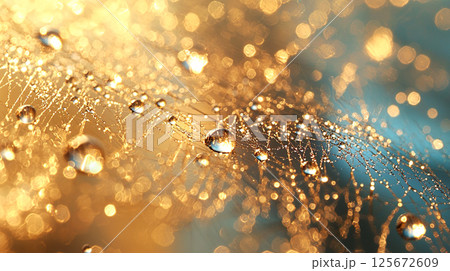 金色に輝く水滴のついた蜘蛛の巣のような模様の背景 125672609