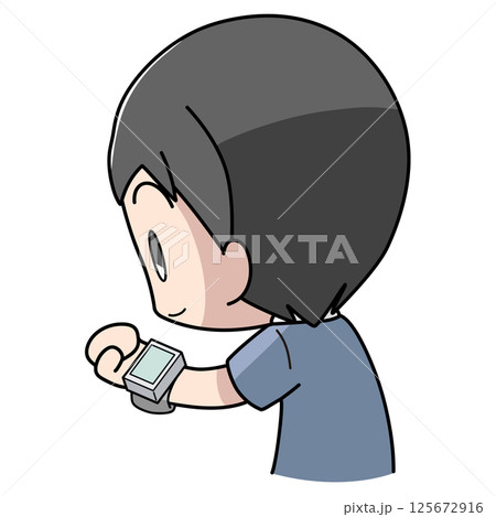 手首式の血圧計で血圧を測る男性のイラスト 手首式の血圧計で血圧を測る男性のイラスト 125672916