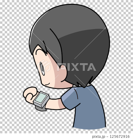 手首式の血圧計で血圧を測る男性のイラスト 手首式の血圧計で血圧を測る男性のイラスト 125672916