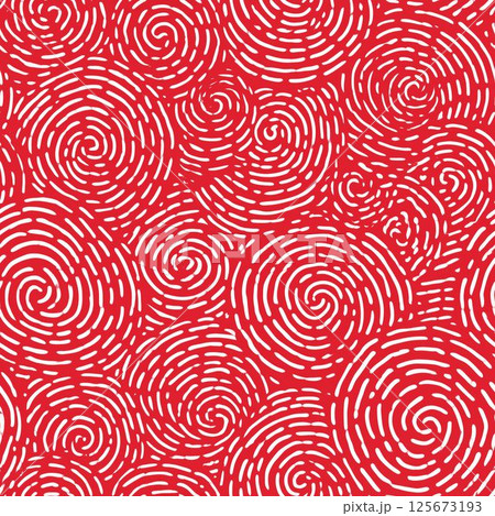 Seamless hand-drawn swirl pattern with white brushstroke spirals on a vibrant red background, ideal for abstract backgrounds, textiles, or digital design. 125673193