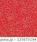 Seamless hand-drawn swirl pattern with white brushstroke spirals on a vibrant red background, ideal for abstract backgrounds, textiles, or digital design. 125673194