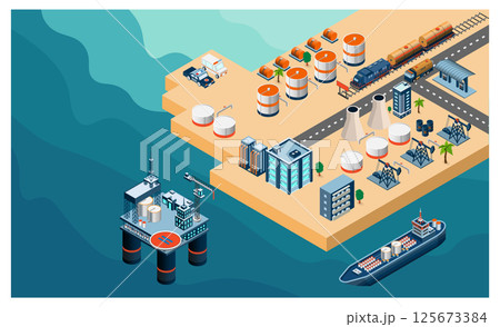 Isometric illustration showcases a gas and oil refinery power plant station, including the petroleum industry, outbuildings, an oil storage tank, crude oil, and additional features. 125673384