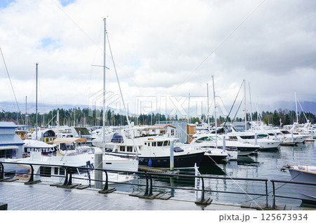 曇り空の下、バンクーバーの海に浮かぶ多数のクルーザーが停泊する風景 曇り空の下、バンクーバーの海に浮かぶ多数のクルーザーが停泊する風景 125673934