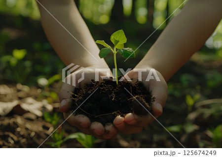 土と芽を手に持つ子どもの手のクローズアップ。自然とのふれあいを表現 土と芽を手に持つ子どもの手のクローズアップ。自然とのふれあいを表現 125674249