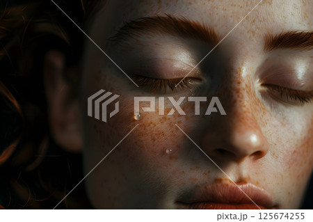 涙を浮かべた女性の横顔クローズアップ。感情と光が交差する瞬間 涙を浮かべた女性の横顔クローズアップ。感情と光が交差する瞬間 125674255