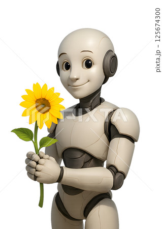 花を持ち微笑む3D人型ロボット 切り抜き背景 花を持ち微笑む3D人型ロボット 切り抜き背景 125674300