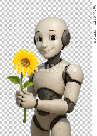 花を持ち微笑む3D人型ロボット 切り抜き背景 花を持ち微笑む3D人型ロボット 切り抜き背景 125674300