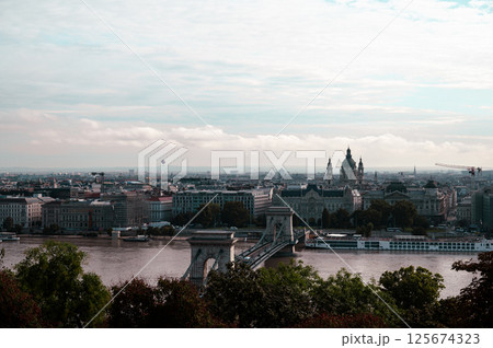 Budapest downtown - drone aerial photo of the Hungarian capital. Buda and Danube river at sunrise. Aerial drone view of the Budapest city. Drone view of the capitol city Budapest. High quality photo 125674323