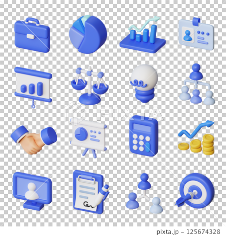 Business 3D Icon Set simple blue cartoon style Business 3D Icon Set simple blue cartoon style 125674328