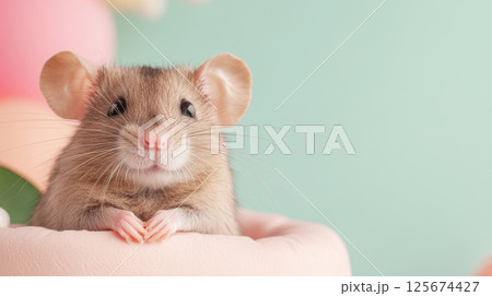 Adorable pet mouse with big ears in soft pastel background, highlighting gentle and curious expression, AI Generative 125674427