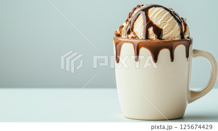 Mug of hot chocolate with melting vanilla ice cream and chocolate drizzle on top, AI Generative 125674429