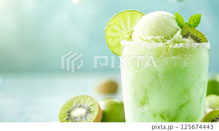 Refreshing lime and kiwi sorbet in frosted glass with fresh mint garnish on a bright summer day, AI Generative 125674443