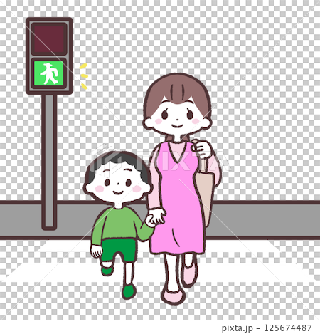 一個男孩和他的兒子過馬路的插圖 一個男孩和他的兒子過馬路的插圖 125674487