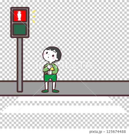 一個男孩抬頭看著紅燈的插圖 125674488