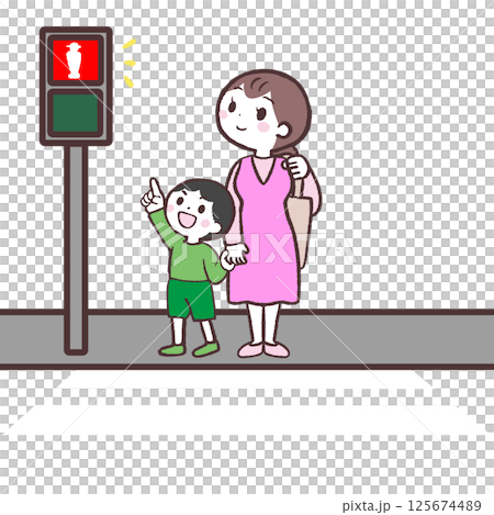 一個男孩和他的兒子在等紅綠燈的插圖 125674489