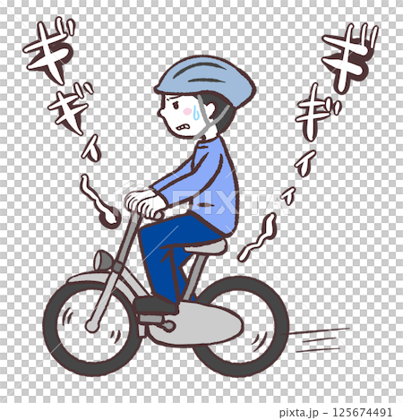 Illustration of a man riding a poorly maintained bicycle 125674491