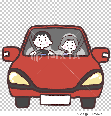 Illustration of a male driver giving a senior woman a ride in a car 125674505