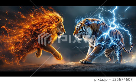 燃えるライオンVS雷のトラ 125674607