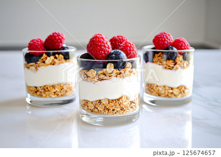 Greek yogurt parfait with granola and berries, a protein packed choice for a healthy breakfast 125674657