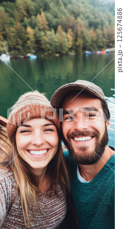 Smiling caucasian young adults in cozy sweaters by lake capturing joyful outdoor moment, AI Generative 125674886