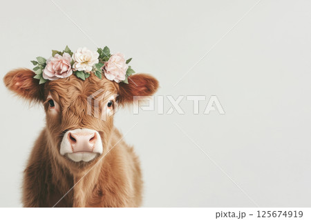 Adorable calf wearing floral crown against a plain background, AI Generative 125674919