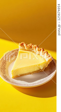 Slice of creamy lemon tart on a vintage plate against a bright yellow background, AI Generative 125674954