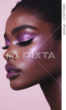 Elegant portrait of woman with glittering purple makeup and glossy lips on soft pink background, AI Generative 125675064