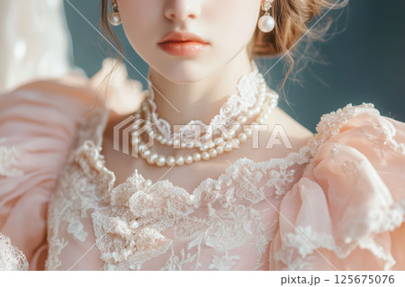 Elegant woman in vintage lace dress and pearl jewelry reflecting timeless beauty in soft lighting, AI Generative 125675076